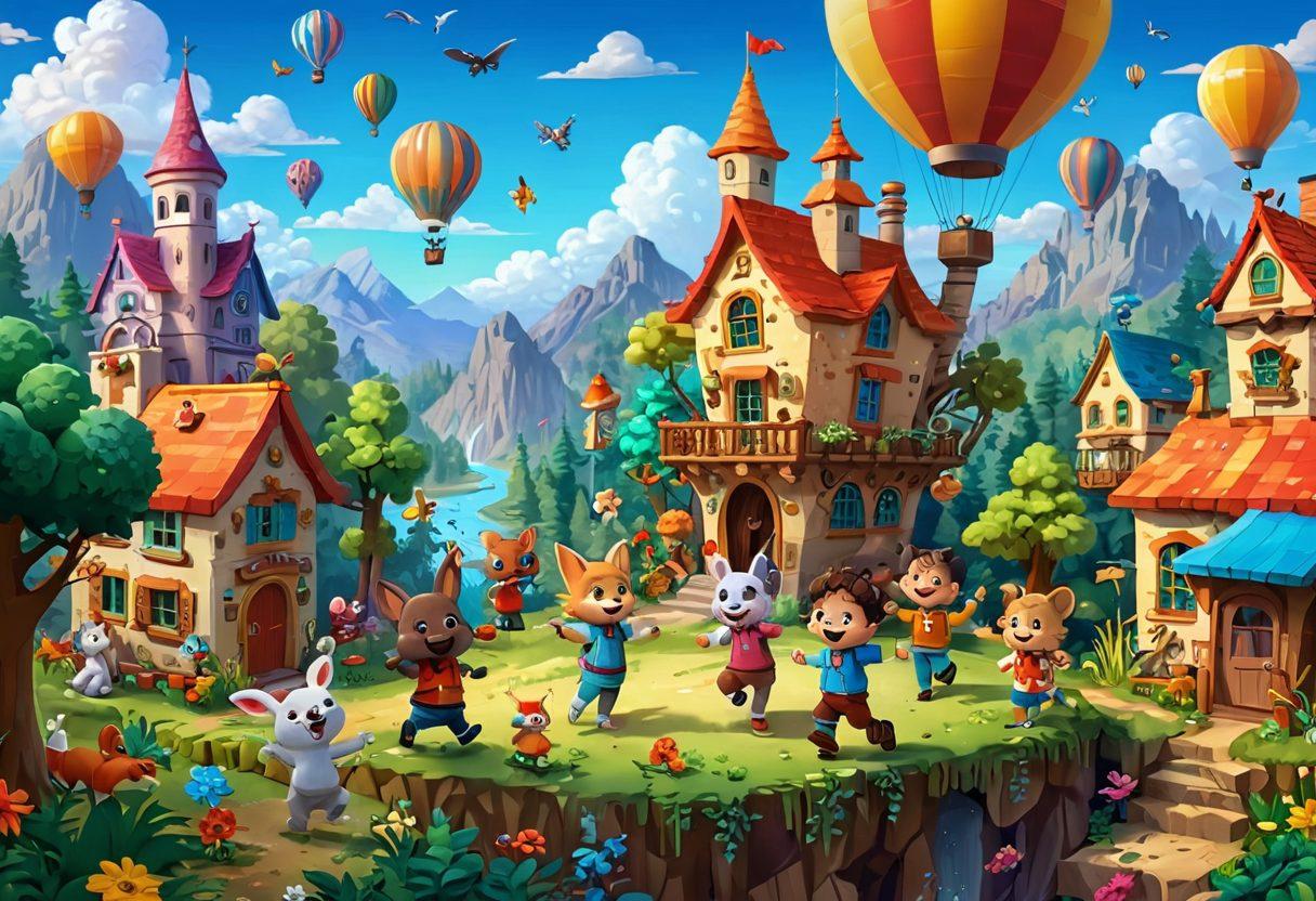 A whimsical scene featuring animated characters from various shows, each engaged in joyful activities like dancing, laughing, and learning together. The background should include colorful landscapes like a vibrant forest and a playful city, filled with animated objects and friendly animals. Incorporate elements of humor and education, such as books and art supplies, scattered playfully around. The characters should have exaggerated expressions of joy, conveying a sense of fun and adventure. pixel art. vibrant colors. 3D.