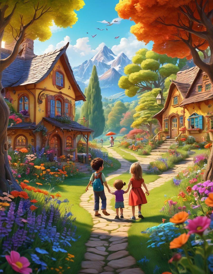 A vibrant scene depicting a colorful, whimsical animated world filled with various joyful characters, such as talking animals and magical creatures, engaging in fun activities like playing, dancing, and exploring. Include a backdrop of lush landscapes with bright flowers and happy children watching the adventures in awe. The scene should radiate warmth and playfulness, inviting families to join in the fun. 3D. vibrant colors. cartoon style.