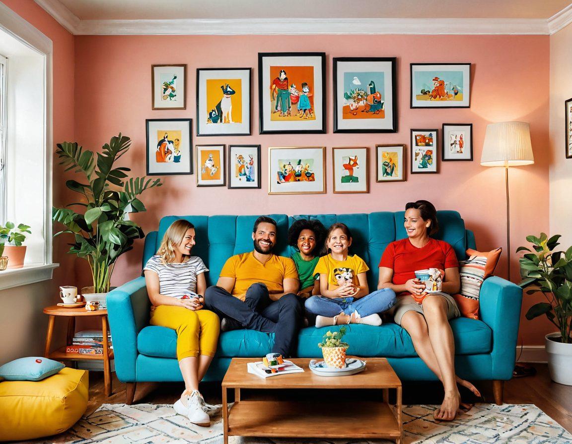 A colorful and whimsical illustration featuring a diverse family gathered around a large, vintage television, joyfully watching classic cartoons. Surround them with various beloved cartoon characters like smiling animals and adventurous heroes, creating a sense of nostalgia and warmth. Include a cozy living room setting with popcorn, cushions, and family photos on the wall. The atmosphere should exude happiness and togetherness. vibrant colors. cartoon style. soft lighting.